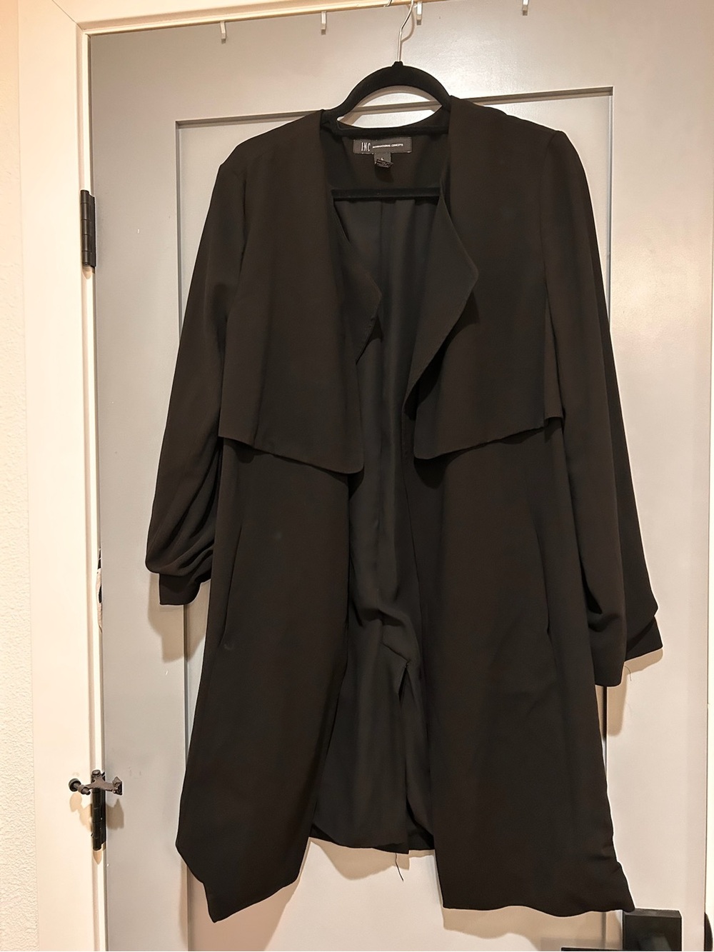 INC International Concepts Black Open-Front Trench Coat